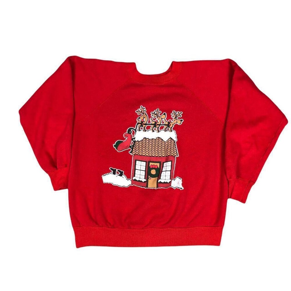 Vintage 90s Santa Clause Reindeer Christmas‎ Red Sweatshirt Adult Size Small